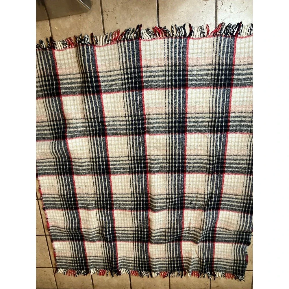 Pine Brooks Maroon Black White Plaid Reversible Fringe Blanket 59”x82” Vintage
